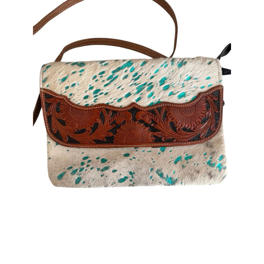 Myra Bag Turquoise-Speckled Cowhide Crossbody with Tooled Leather Trim